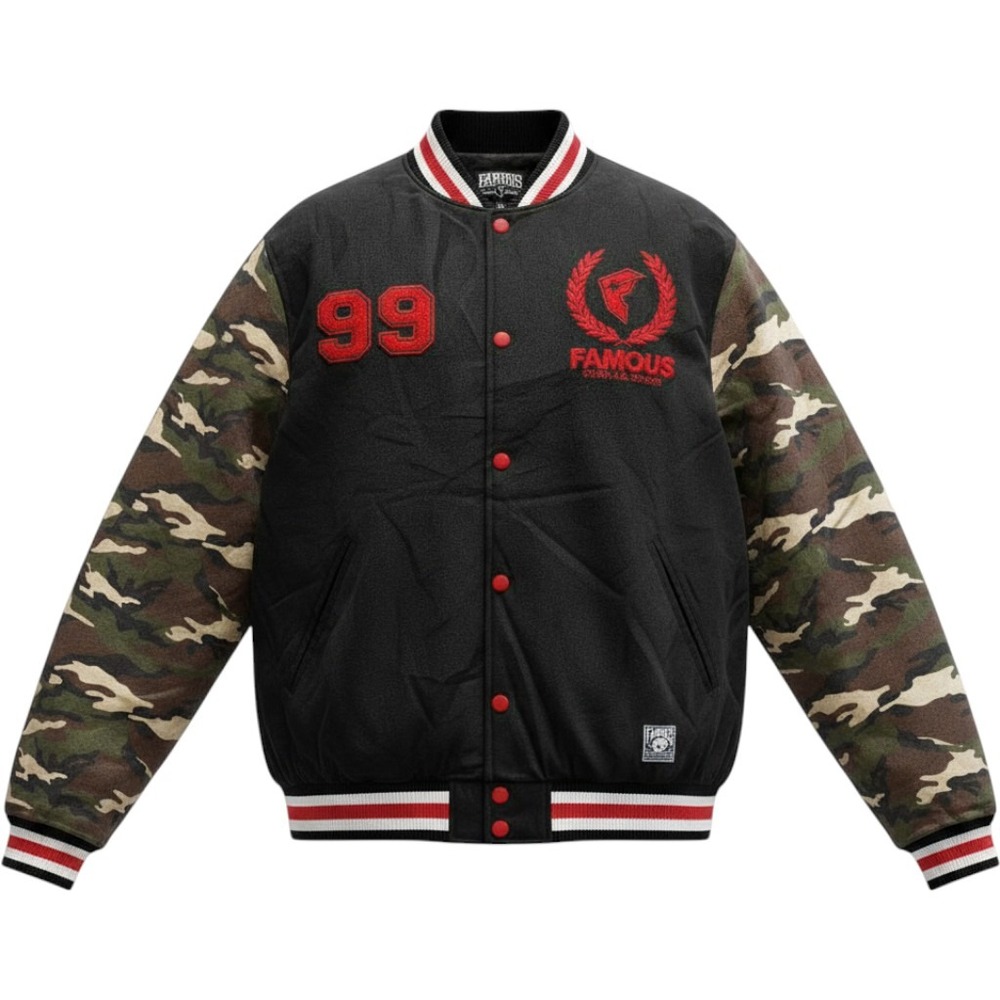 NWT Famous Stars & Straps Varsity Letterman Jacket Size 2XL Black Camo Sleeve
